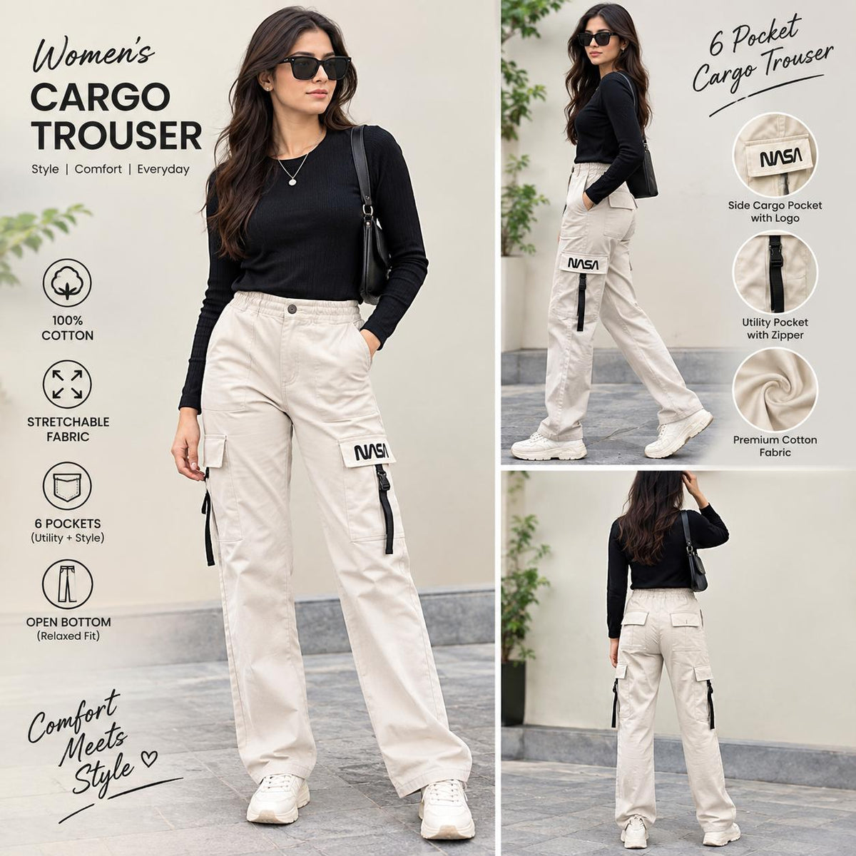 Cotton Cargo Pant | For Women | Elastic Drawstring Waist Straight Fit Bottoms | Office Wear