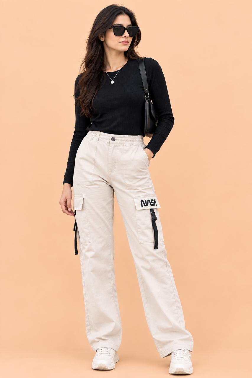 Cotton Cargo Pant | For Women | Elastic Drawstring Waist Straight Fit Bottoms | Office Wear
