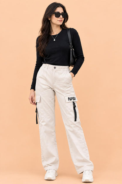 Cotton Cargo Pant | For Women | Elastic Drawstring Waist Straight Fit Bottoms | Office Wear